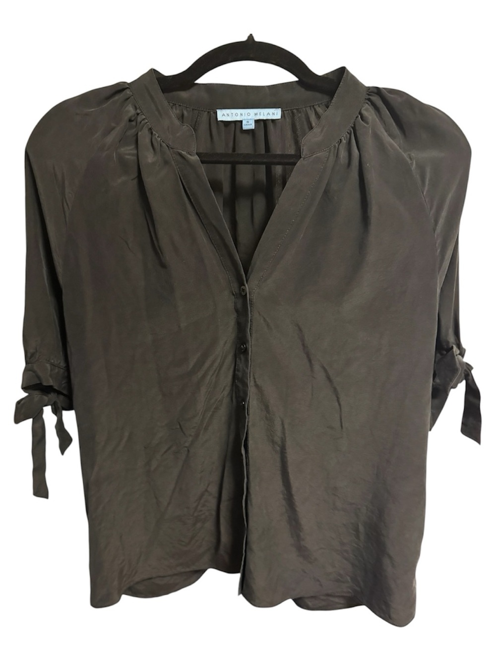 ANTONIO MELANI Olive-Green Tie Sleeve Button Front Top